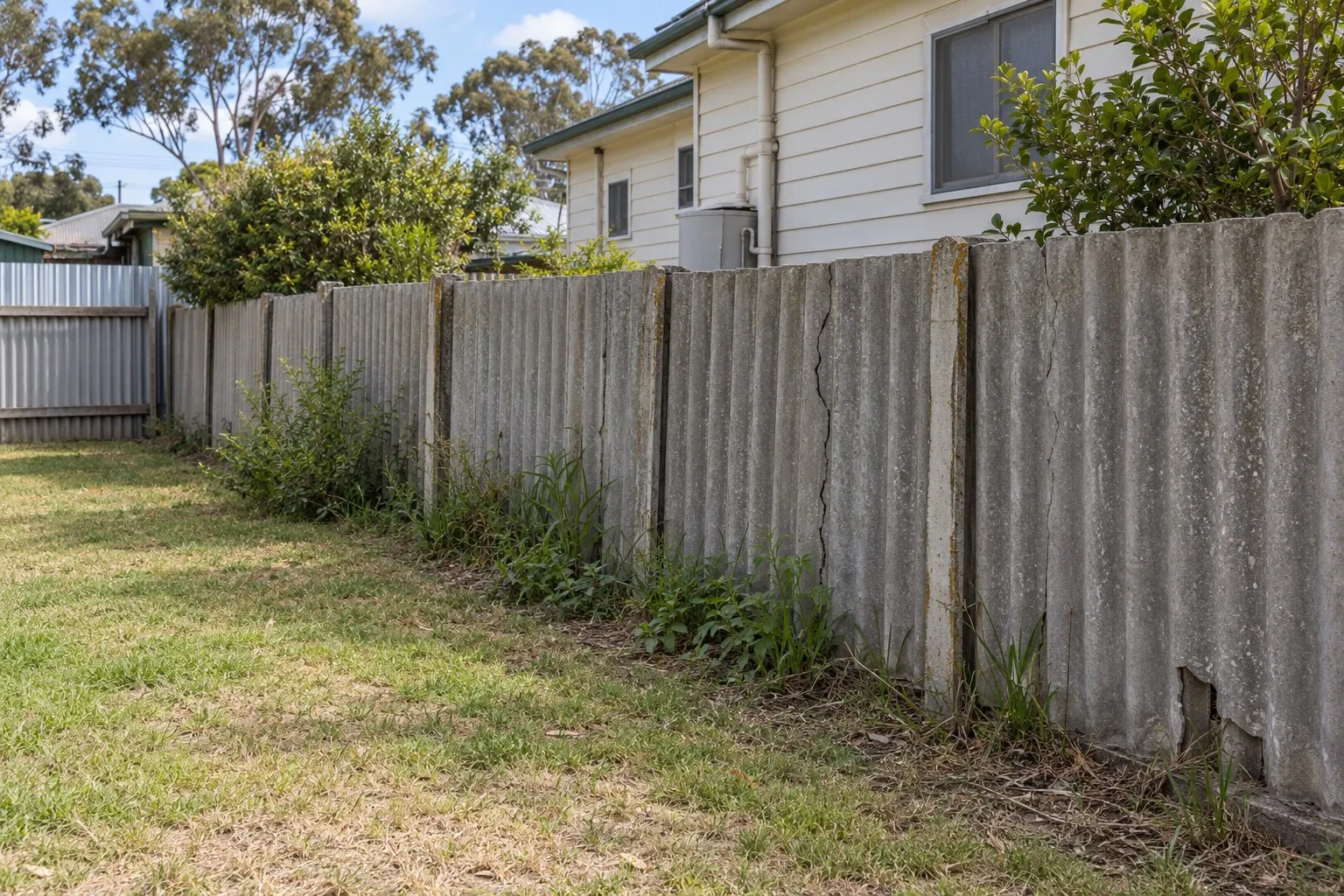 Asbestos fence, NSW: an old grey corrugated fibro sheet side fence with cracked sheets beside a fibro house