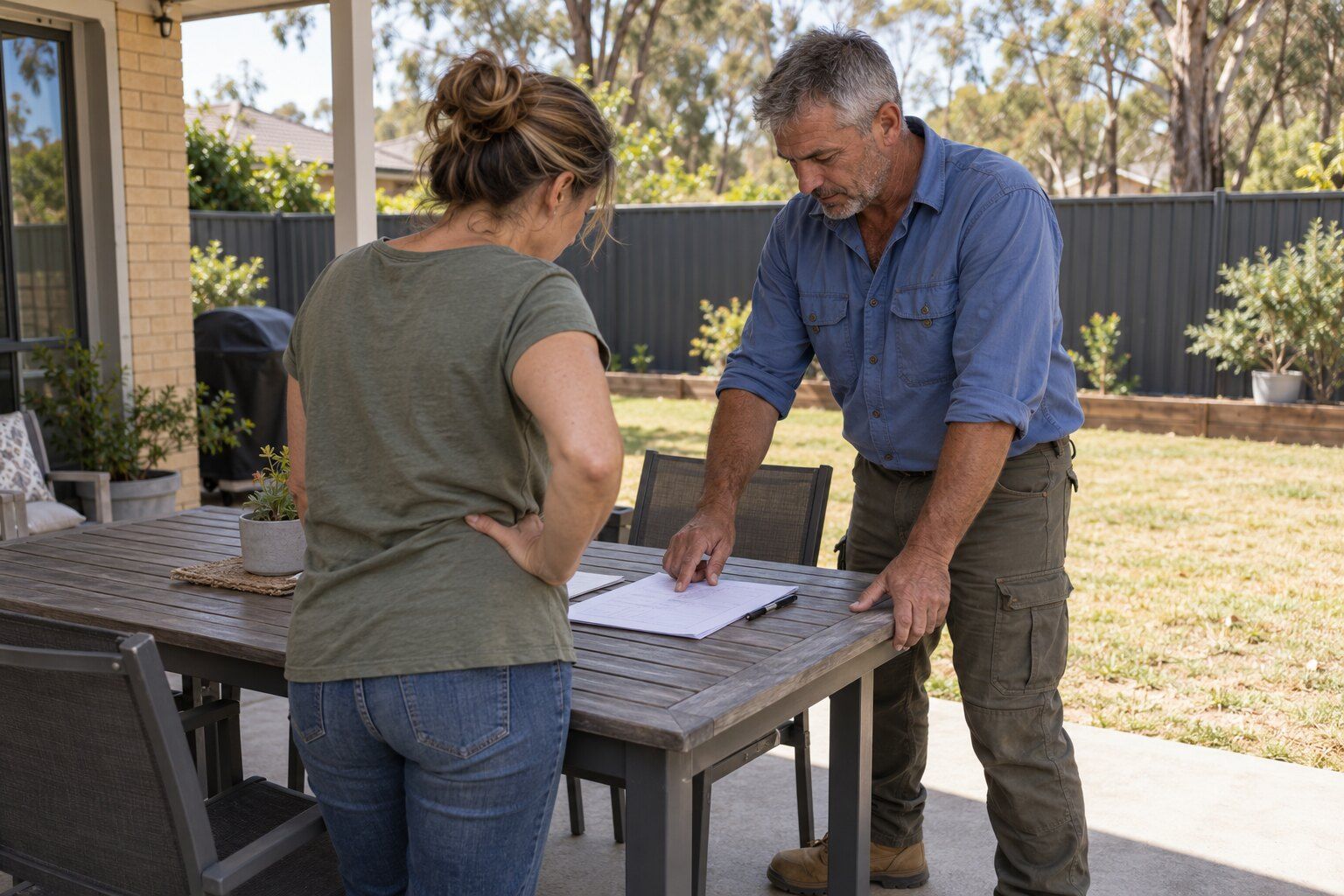 Checking a fencer's licence, NSW: fencer and homeowner going over a written quote at a patio table