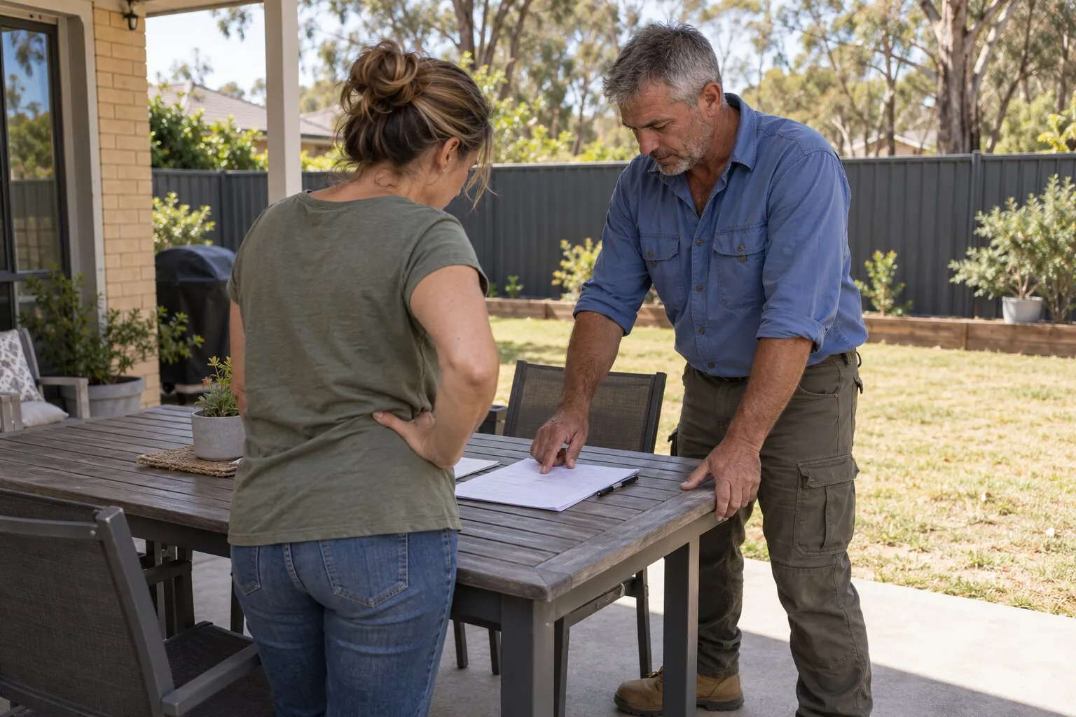 Checking a fencer's licence, NSW: fencer and homeowner going over a written quote at a patio table