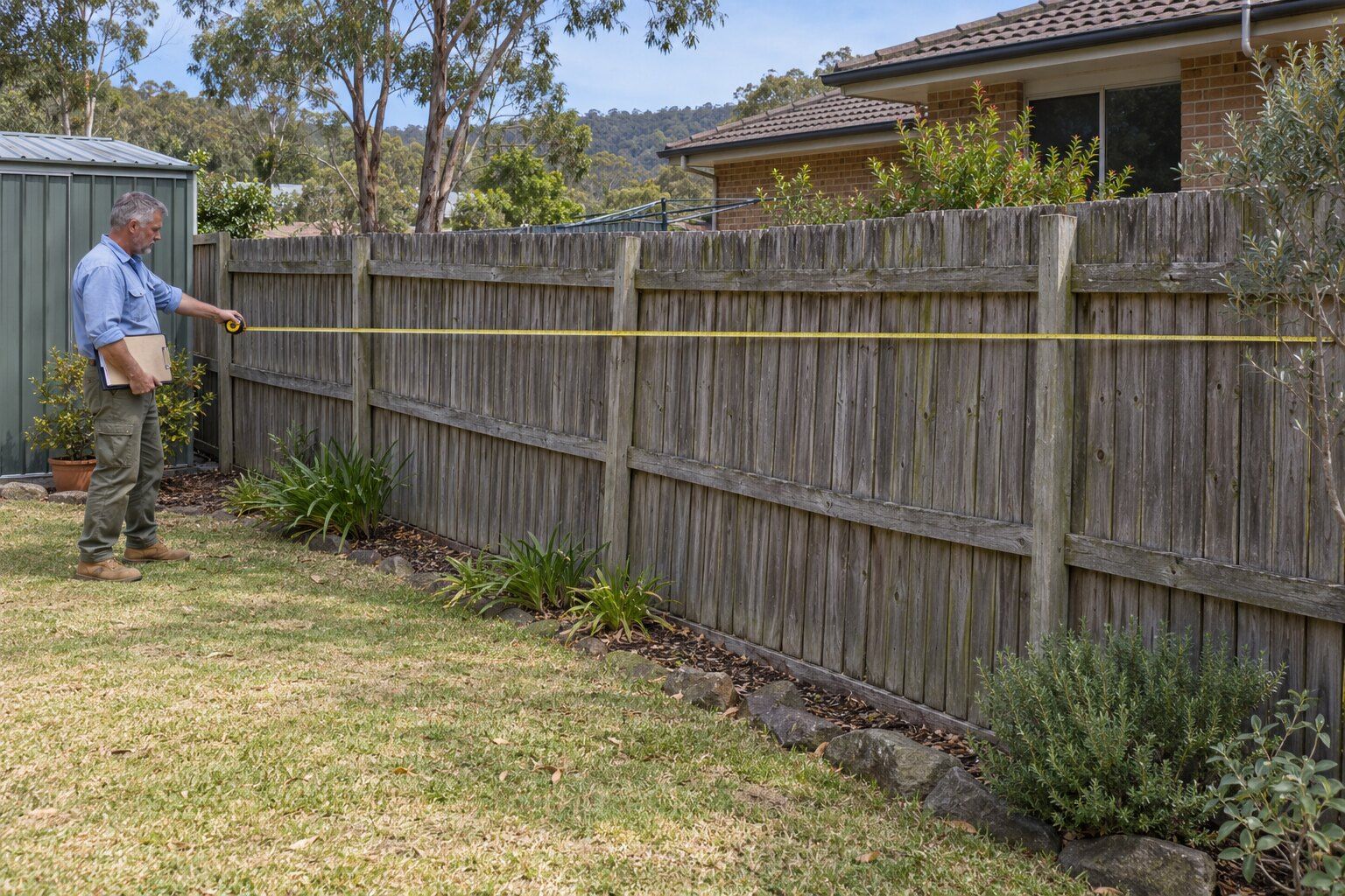 Colorbond fence cost, Maitland: fencer measuring the length of an old timber back fence with a long tape