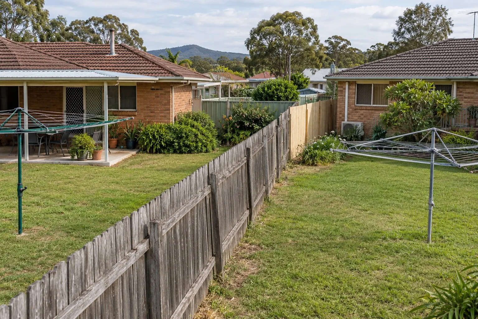Dividing fence, NSW: an old grey timber paling fence between two Maitland backyards with a new section started