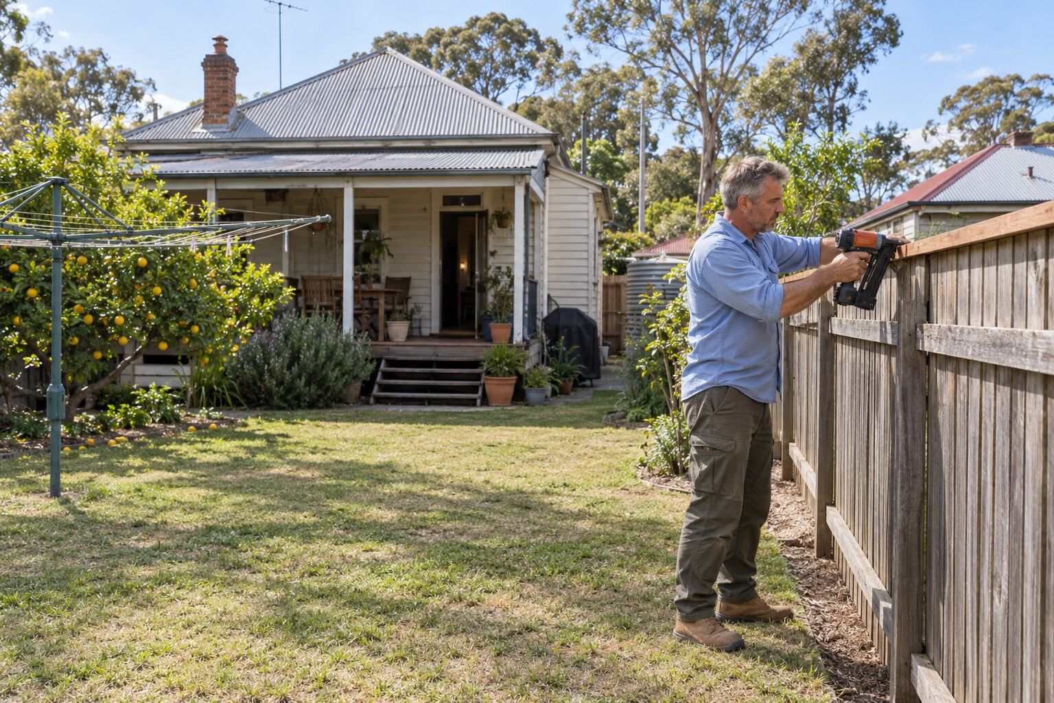 Fencing, East Maitland: fencer fixing a capping board to a new timber paling fence behind a 1920s weatherboard cottage
