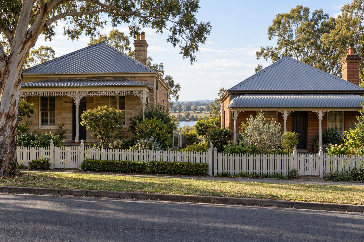 Fencing, Morpeth: sandstone and brick cottages with low white timber picket front fences and gates