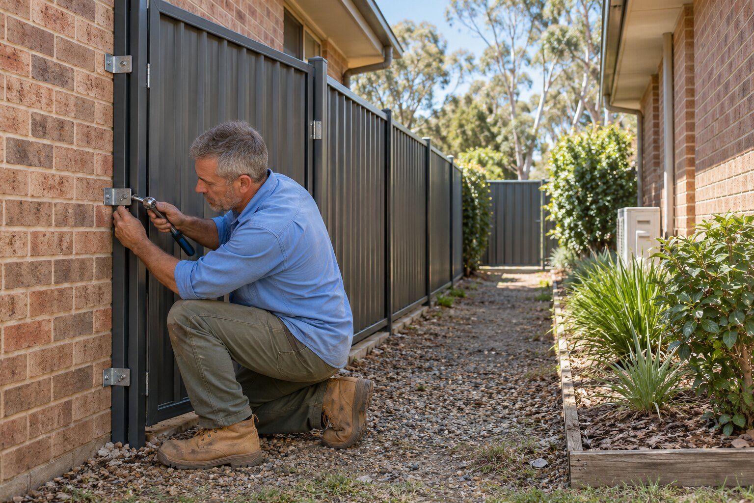 Fencing, Thornton: fencer tightening a bracket on a new grey steel side fence beside a brick-veneer home