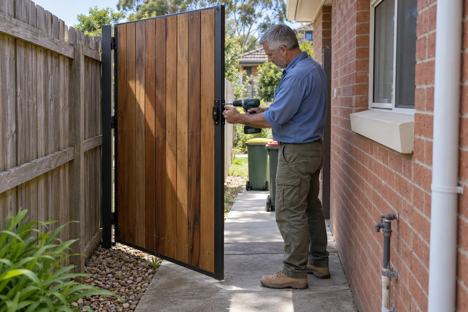 Gates, Maitland: fencer fitting a latch to a new timber side gate beside a red-brick home