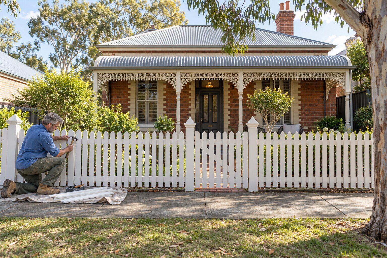 Front fences, Maitland: fencer fitting a picket to a new white timber front fence at a Victorian brick cottage