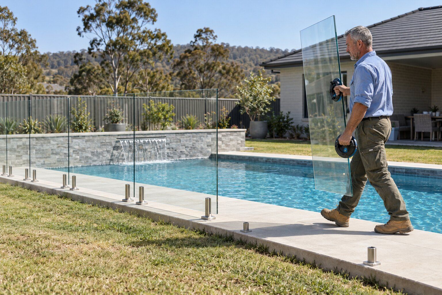 Pool fence cost, Maitland: fencer carrying a frameless glass pool fence panel along a new pool's coping