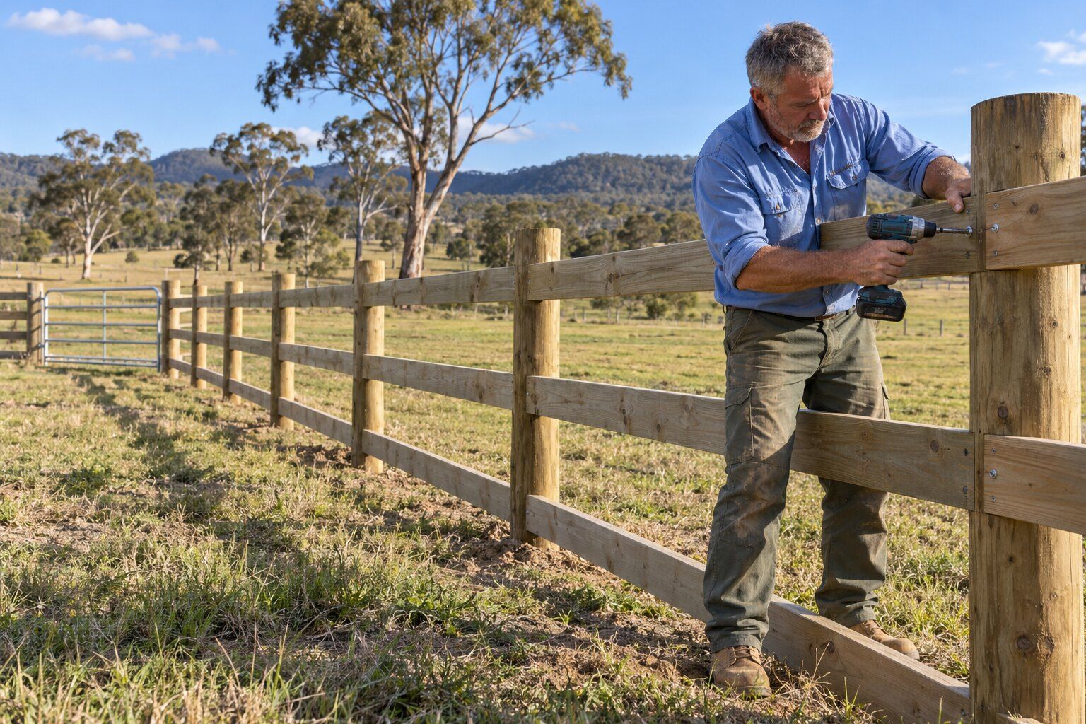 Rural fencing, Lochinvar: fencer fixing a rail to a new timber post and rail fence across a paddock