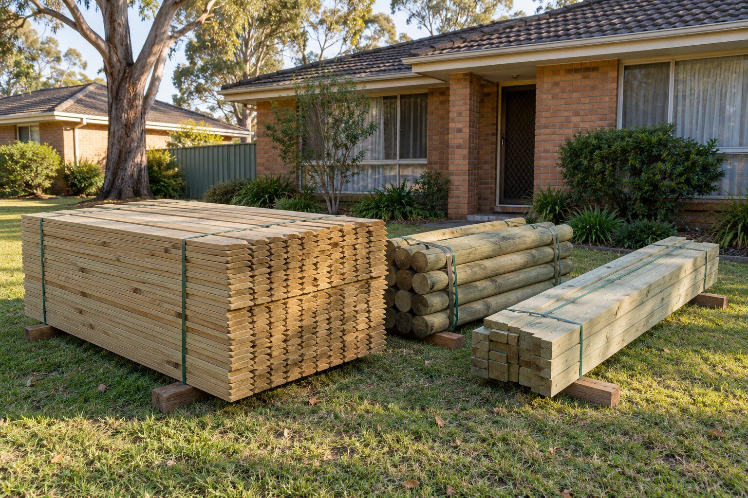 Timber fence cost, Maitland: bundles of treated pine palings, posts and rails delivered on a front lawn