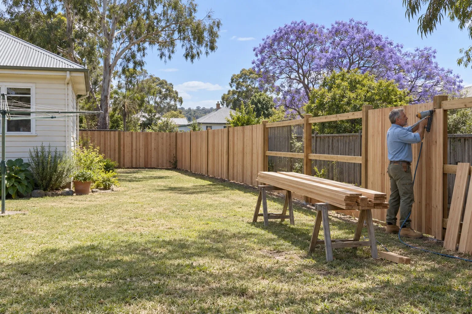 Timber fencing, Maitland: fencer nailing hardwood palings to a new lapped and capped fence behind a cottage