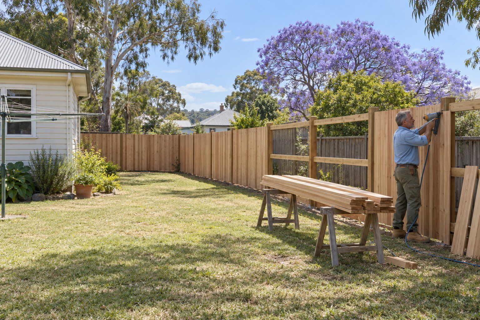 Timber fencing, Maitland: fencer nailing hardwood palings to a new lapped and capped fence behind a weatherboard cottage